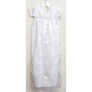 VTG White Embroidered Long Christening Gown Sheer Overlay Soft Lightweight
